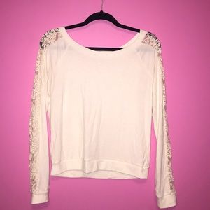 Lace sleeve cream sweater